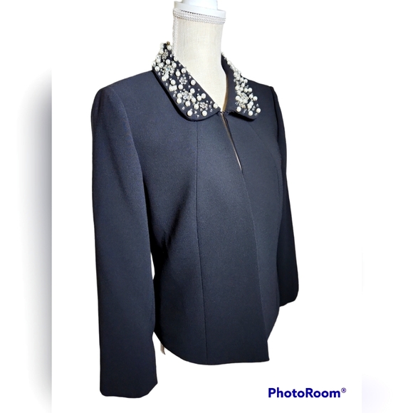 Tahari - NWT- Pearl Collar Shoulder Padded Blazer Cape Jacket - Black - Size 8 - Picture 3 of 10